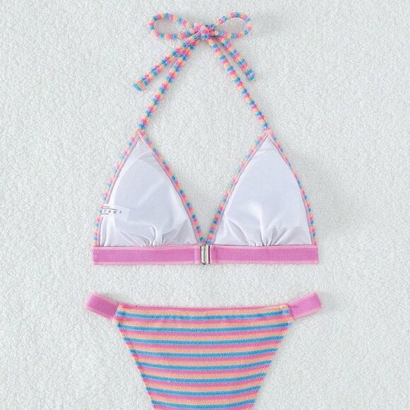 Womens Striped Halter Triangle Bikini Swimsuit - Picture 4 of 5